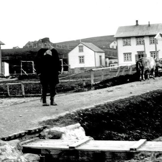 Götumynd frá Húsavík. Breiði-Filli, Friðrik Jónsson frá Bangastöðum kúahirðir Húsvíkinga. Hann var bróðir Sigurbjarnar V. sem var kunnur maður í Kelduhverfi. Í gegnum tréstokkinn rann svokallaður Eiríkslækur sem tekinn var rétt neðan við Hól sem enn sjást merki um. Formannshúsið til vinstri. Árnahús til hægri.